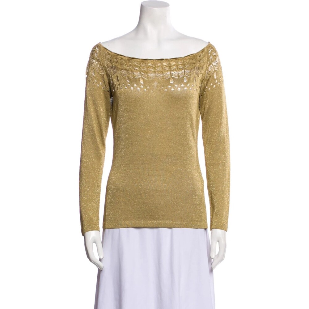Etro Metallic Gold Lurex Knit Boat Neck Eyelet Italian Boho Chic Sweater Size 48